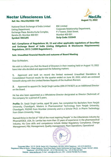 Vorschaubild Nectar Lifesciences
 Quartalsbericht 2022-q2