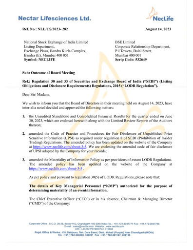 Vorschaubild Nectar Lifesciences
 Quartalsbericht 2023-q2