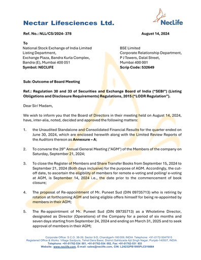 Vorschaubild Nectar Lifesciences
 Quartalsbericht 2024-q2