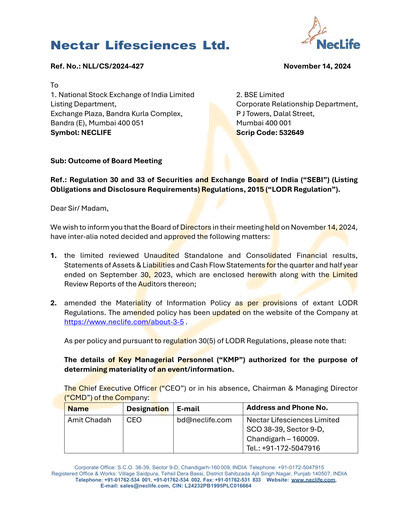 Vorschaubild Nectar Lifesciences
 Quartalsbericht 2024-q3