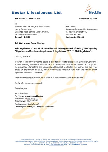 Vorschaubild Nectar Lifesciences
 Quartalsbericht 2025-q3