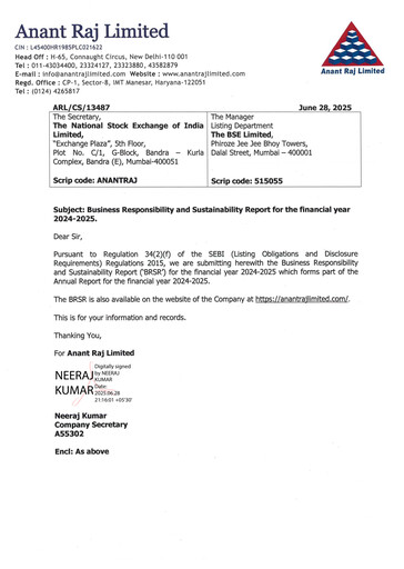 Vorschaubild Anant Raj Nachhaltigkeitsbericht 2024-2025