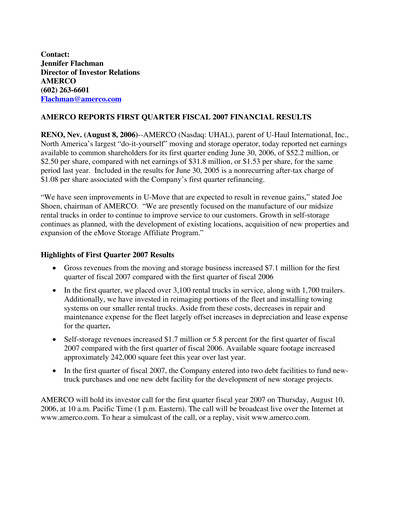 Thumbnail U-Haul Quarterly Report 2006-2007-q1