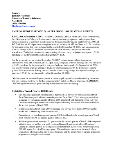 Thumbnail U-Haul Quarterly Report 2007-2008-q2