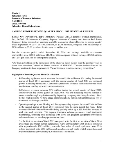 Thumbnail U-Haul Quarterly Report 2014-2015-q2