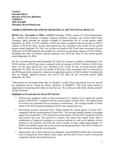 Thumbnail U-Haul Quarterly Report 2016-2017-q2