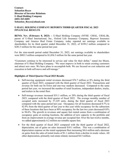Thumbnail U-Haul Quarterly Report 2022-2023-q3