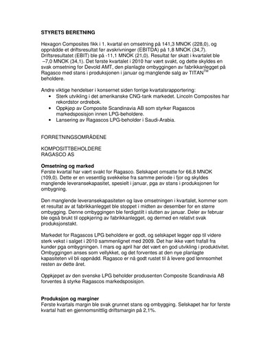 Thumbnail Hexagon Composites Quarterly Report 2010-q1