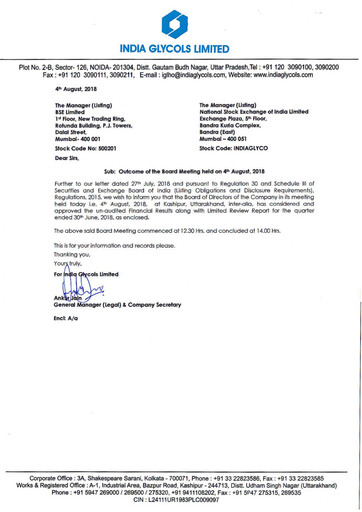 Miniature India Glycols Rapport trimestriel 2018-q1