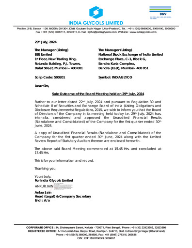 Miniature India Glycols Rapport trimestriel 2024-q1
