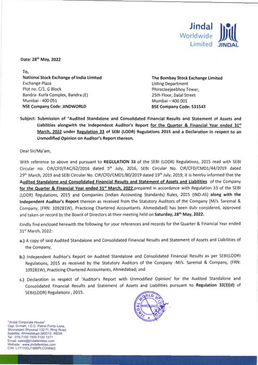 Thumbnail Jindal Worldwide
 Financial Report 2021-2022