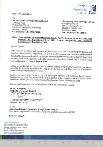 Thumbnail Jindal Worldwide
 Quarterly Report 2016-q1