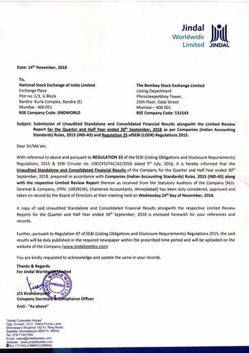 Thumbnail Jindal Worldwide
 Quarterly Report 2018-q2