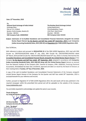 Thumbnail Jindal Worldwide
 Quarterly Report 2019-q2