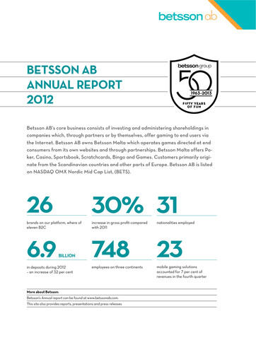 Thumbnail Betsson AB Annual Report 2012