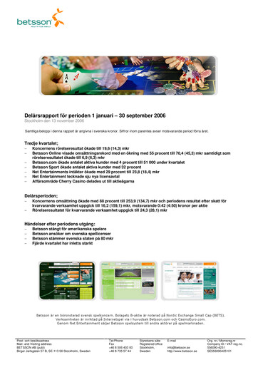 Thumbnail Betsson AB Quarterly Report 2006-q3