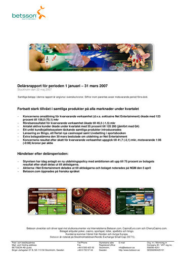 Thumbnail Betsson AB Quarterly Report 2007-q1