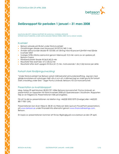 Thumbnail Betsson AB Quarterly Report 2008-q1