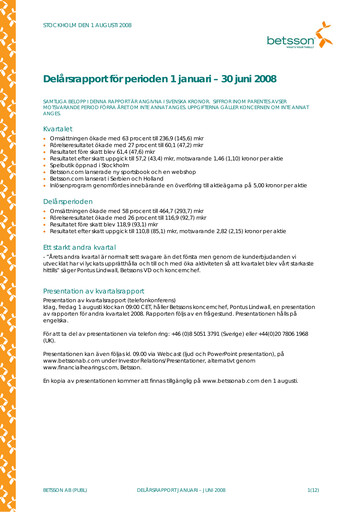 Thumbnail Betsson AB Quarterly Report 2008-q2