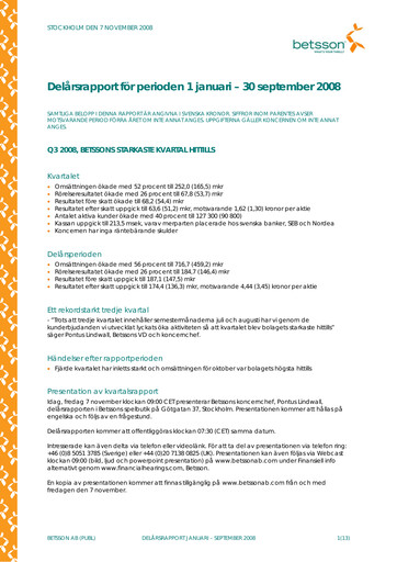 Thumbnail Betsson AB Quarterly Report 2008-q3