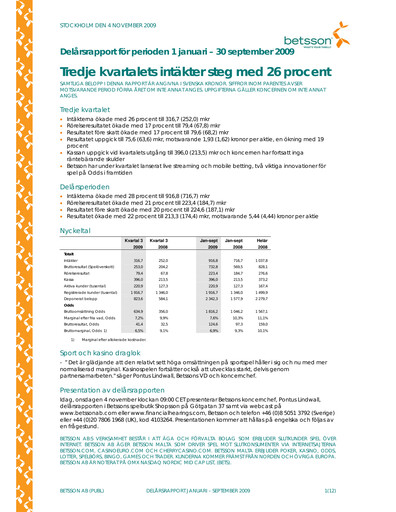 Thumbnail Betsson AB Quarterly Report 2009-q3