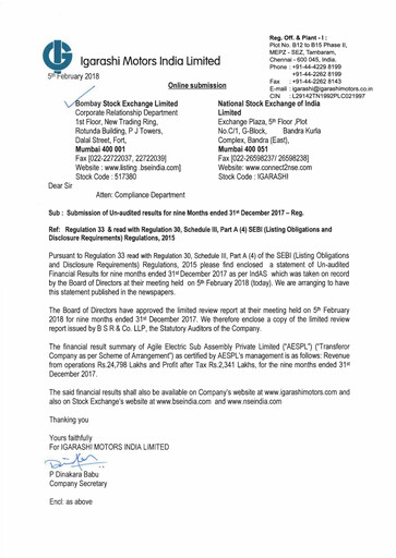 Thumbnail Igarashi Motors India Quarterly Report 2017-q3