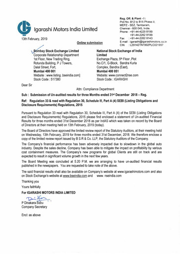 Thumbnail Igarashi Motors India Quarterly Report 2018-q3