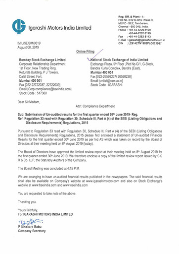 Thumbnail Igarashi Motors India Quarterly Report 2019-q1