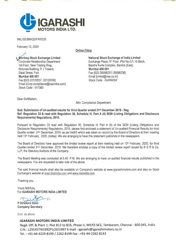 Thumbnail Igarashi Motors India Quarterly Report 2019-q3