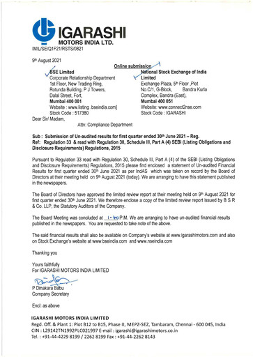 Thumbnail Igarashi Motors India Quarterly Report 2021-q1