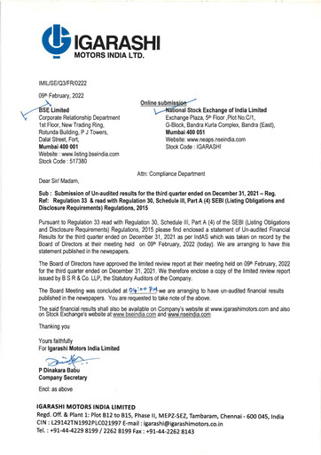 Thumbnail Igarashi Motors India Quarterly Report 2021-q3