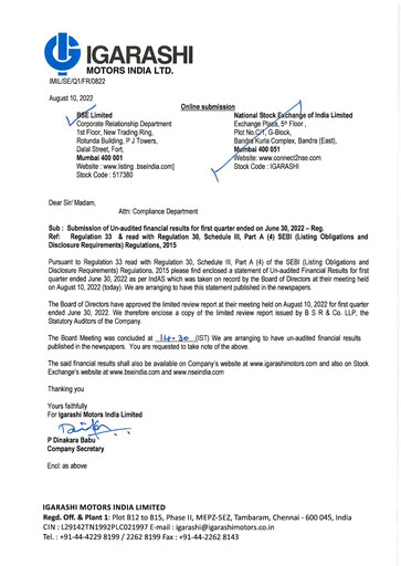 Thumbnail Igarashi Motors India Quarterly Report 2022-q1