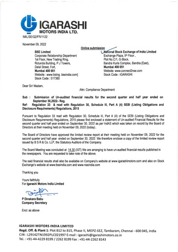 Thumbnail Igarashi Motors India Quarterly Report 2022-q2