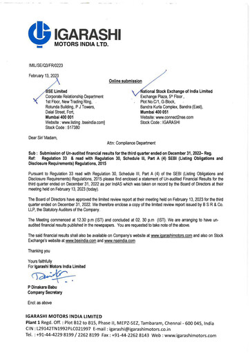 Thumbnail Igarashi Motors India Quarterly Report 2022-q3