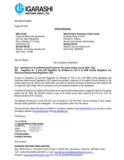 Thumbnail Igarashi Motors India Quarterly Report 2023-q1