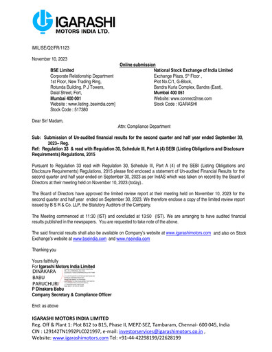 Thumbnail Igarashi Motors India Quarterly Report 2023-q2