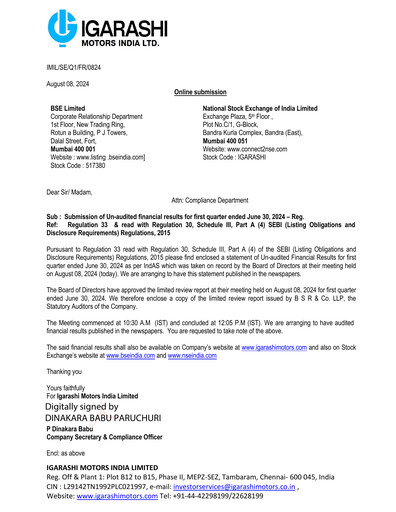 Thumbnail Igarashi Motors India Quarterly Report 2024-q1