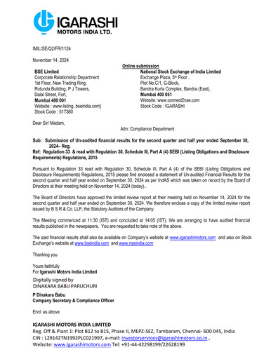 Thumbnail Igarashi Motors India Quarterly Report 2024-q2