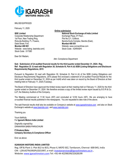 Thumbnail Igarashi Motors India Quarterly Report 2024-q3