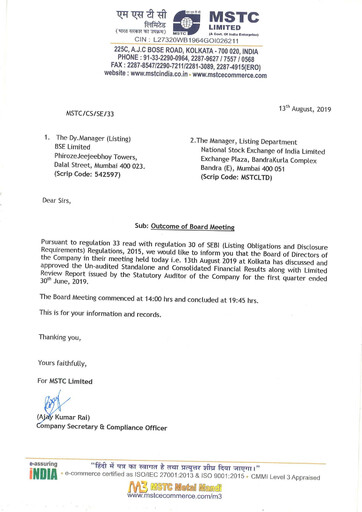 Thumbnail MSTC Limited
 Quarterly Report 2019-q1