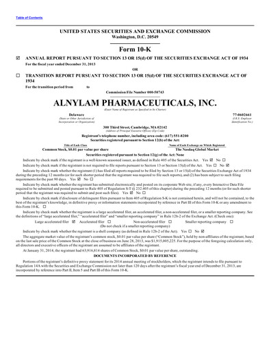 Thumbnail Alnylam Pharmaceuticals
 Annual Report 2013