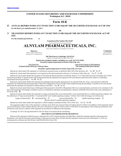 Thumbnail Alnylam Pharmaceuticals
 Annual Report 2014