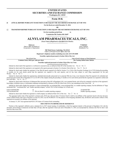 Thumbnail Alnylam Pharmaceuticals
 Annual Report 2016