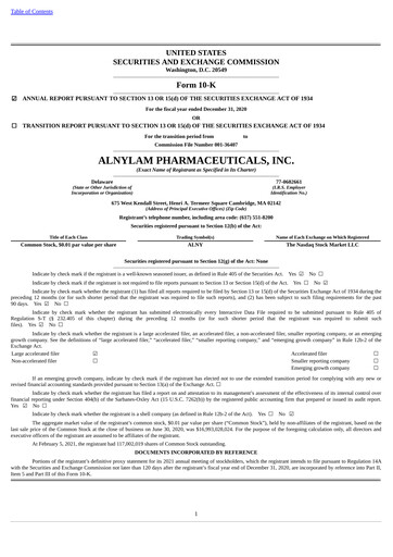 Thumbnail Alnylam Pharmaceuticals
 Annual Report 2020