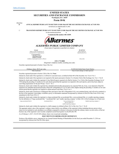 Thumbnail Alkermes Annual Report 2016