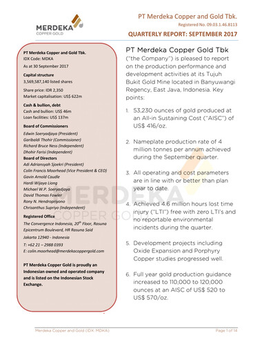 Thumbnail Merdeka Copper Gold
 Quarterly Report 2017-q3