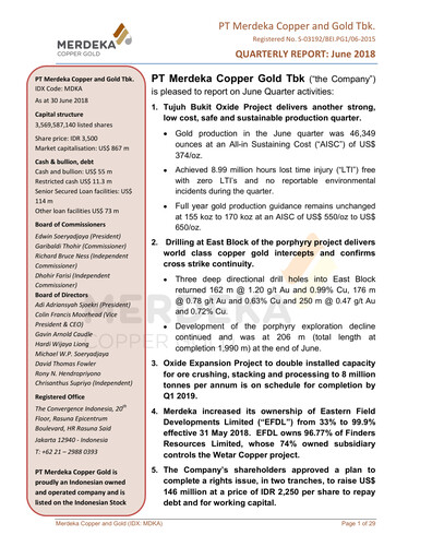 Thumbnail Merdeka Copper Gold
 Quarterly Report 2018-q2