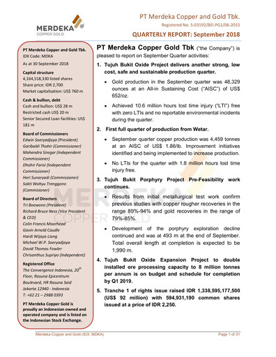 Thumbnail Merdeka Copper Gold
 Quarterly Report 2018-q3