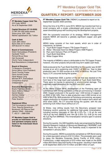 Thumbnail Merdeka Copper Gold
 Quarterly Report 2020-q3