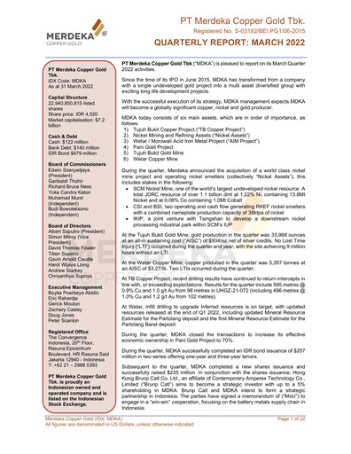 Thumbnail Merdeka Copper Gold
 Quarterly Report 2022-q1
